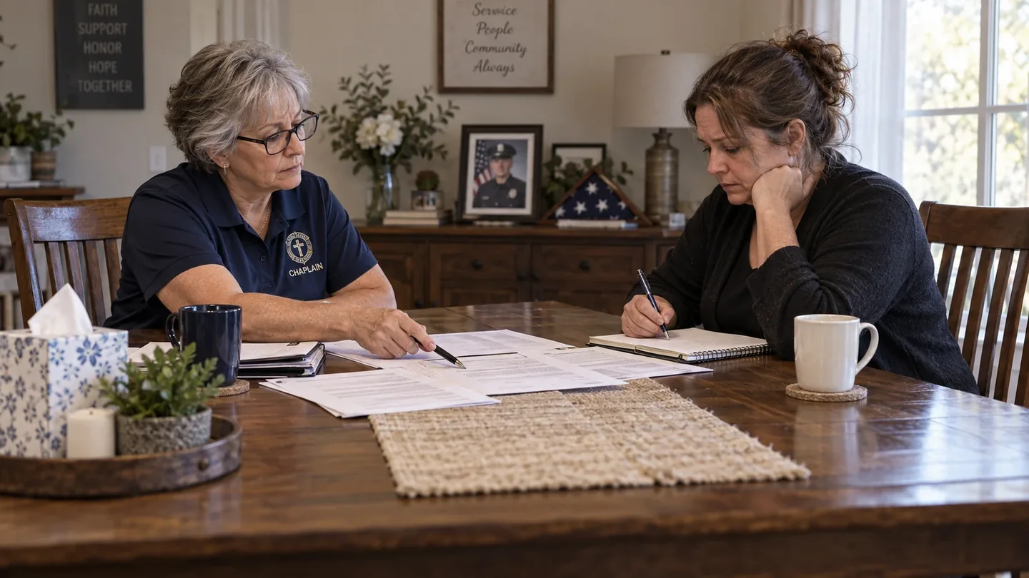 A chaplain and a surviving spouse review paperwork from opposite sides of a table.