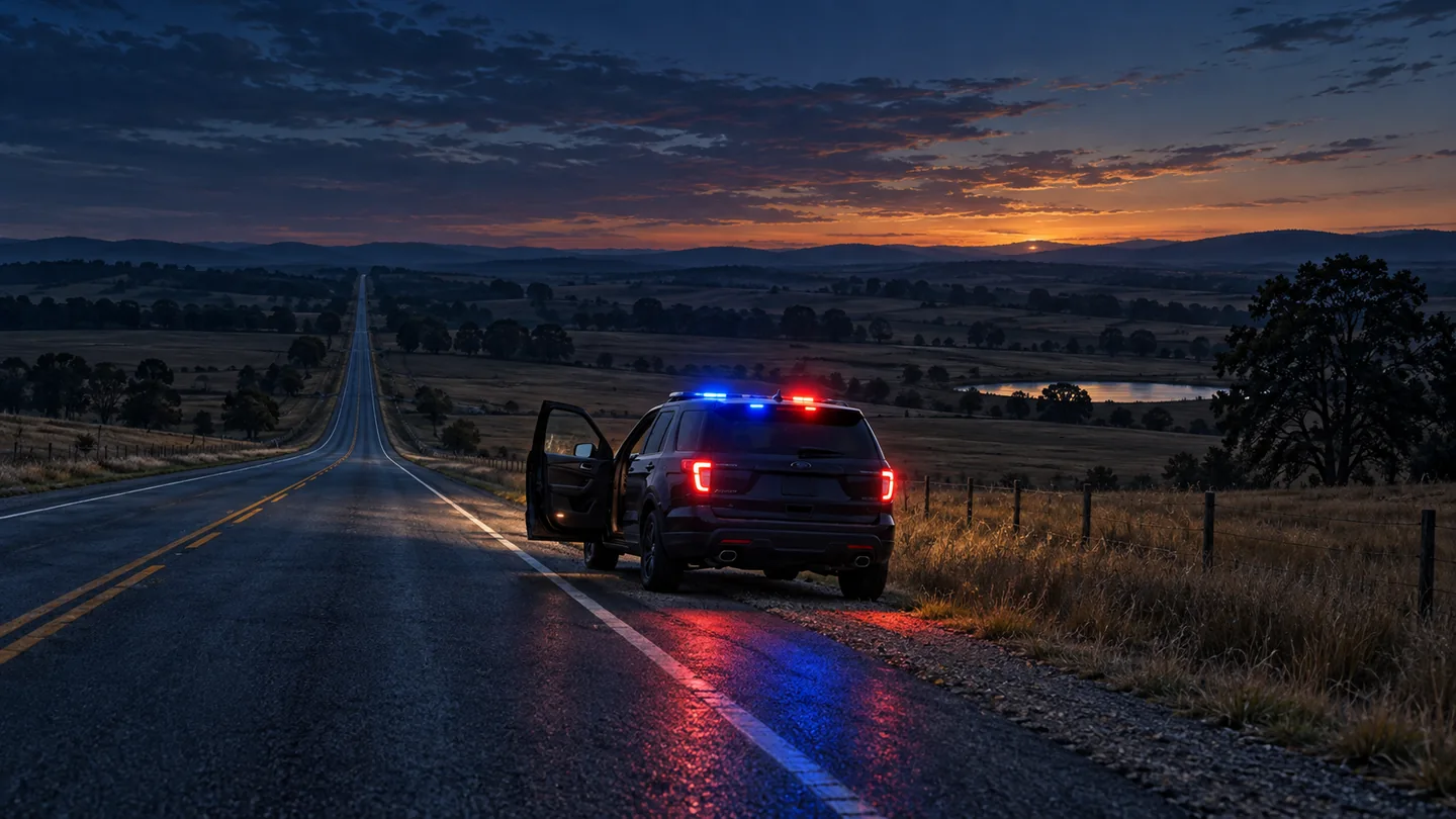 An isolated patrol vehicle beside a rural road at dusk, its driver door open and emergency lights on.